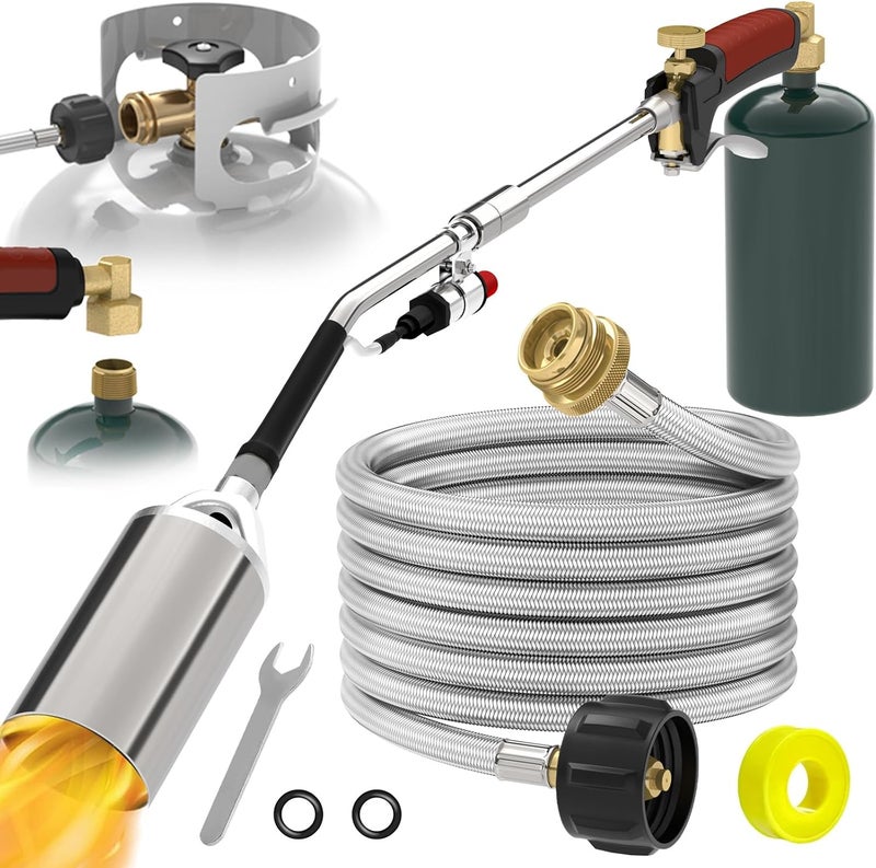 MEFUN Propane torch weeds burner kit, large propane torch high BTU, Blow Torch with 1lb Propane Converter 10FT Braided Hose, Heavy Duty Flamethrower with Turbo Trigger for Weeding,Roofing, Melting Ice/Snow - Image 1
